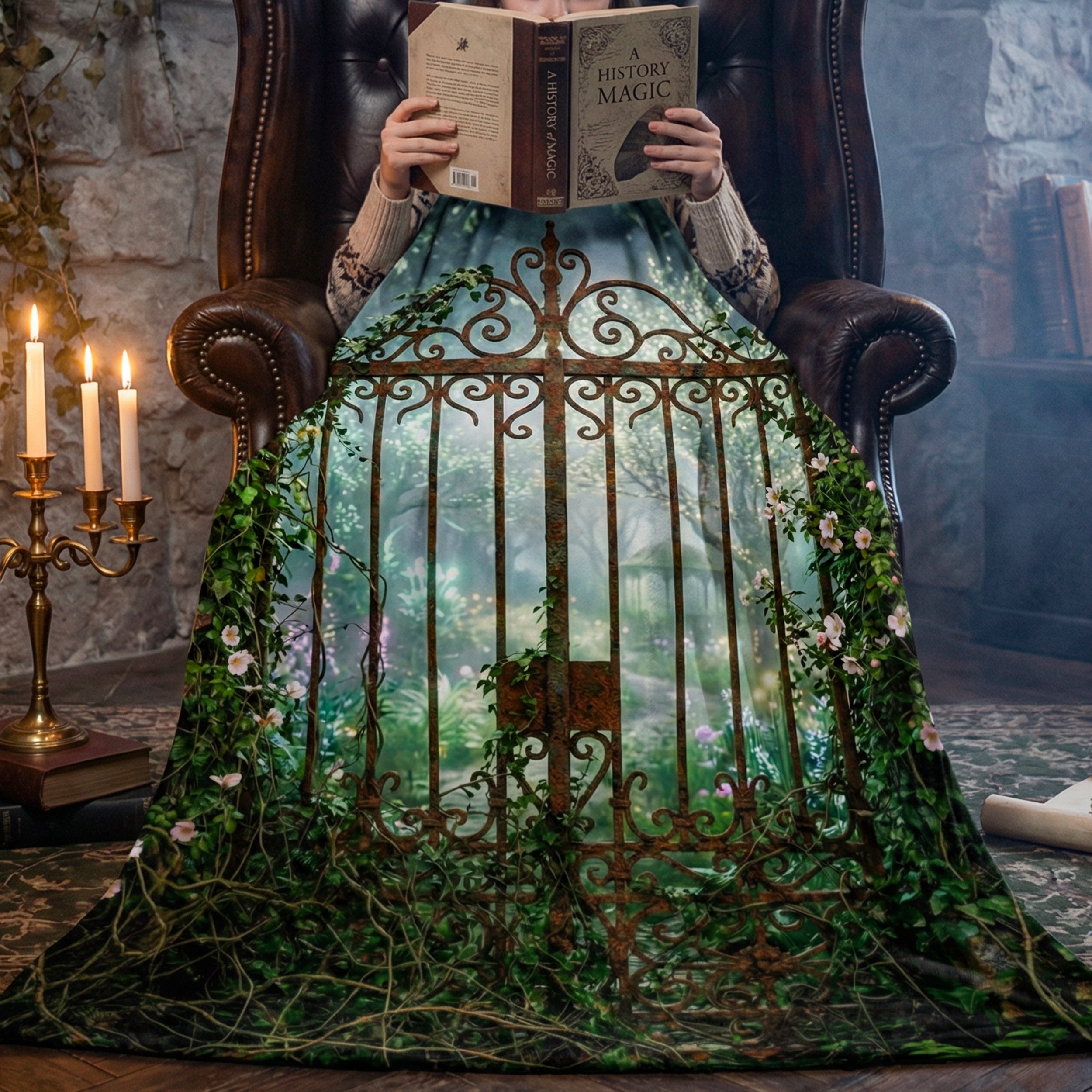 Cottagecore "The Secret Garden" Throw - Rusted Gate, Ivy & Misty Roses Velveteen Blanket