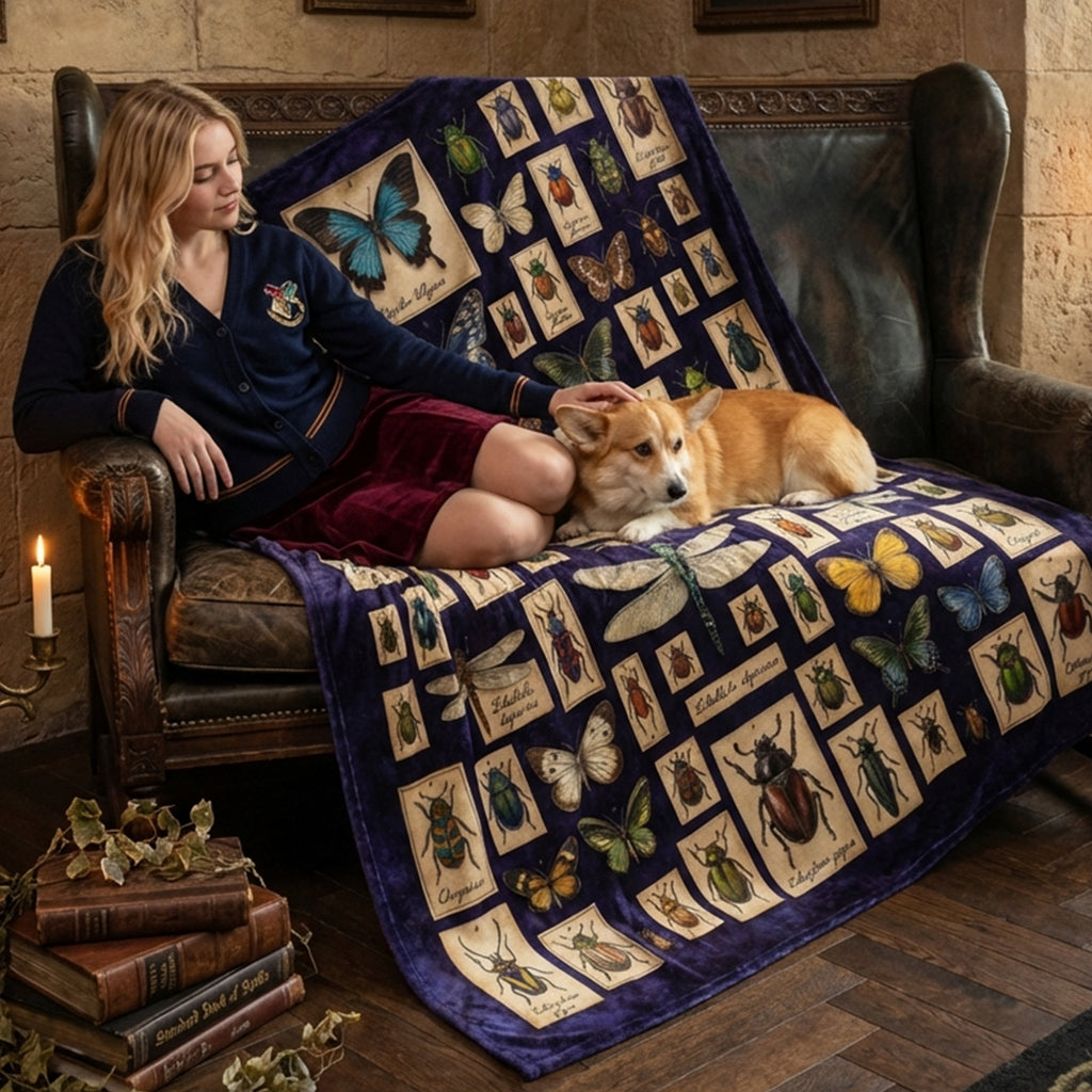 Dark Academia "The Entomologist" Throw - Vintage Insect Specimens, Beetle & Butterfly Taxidermy Blanket