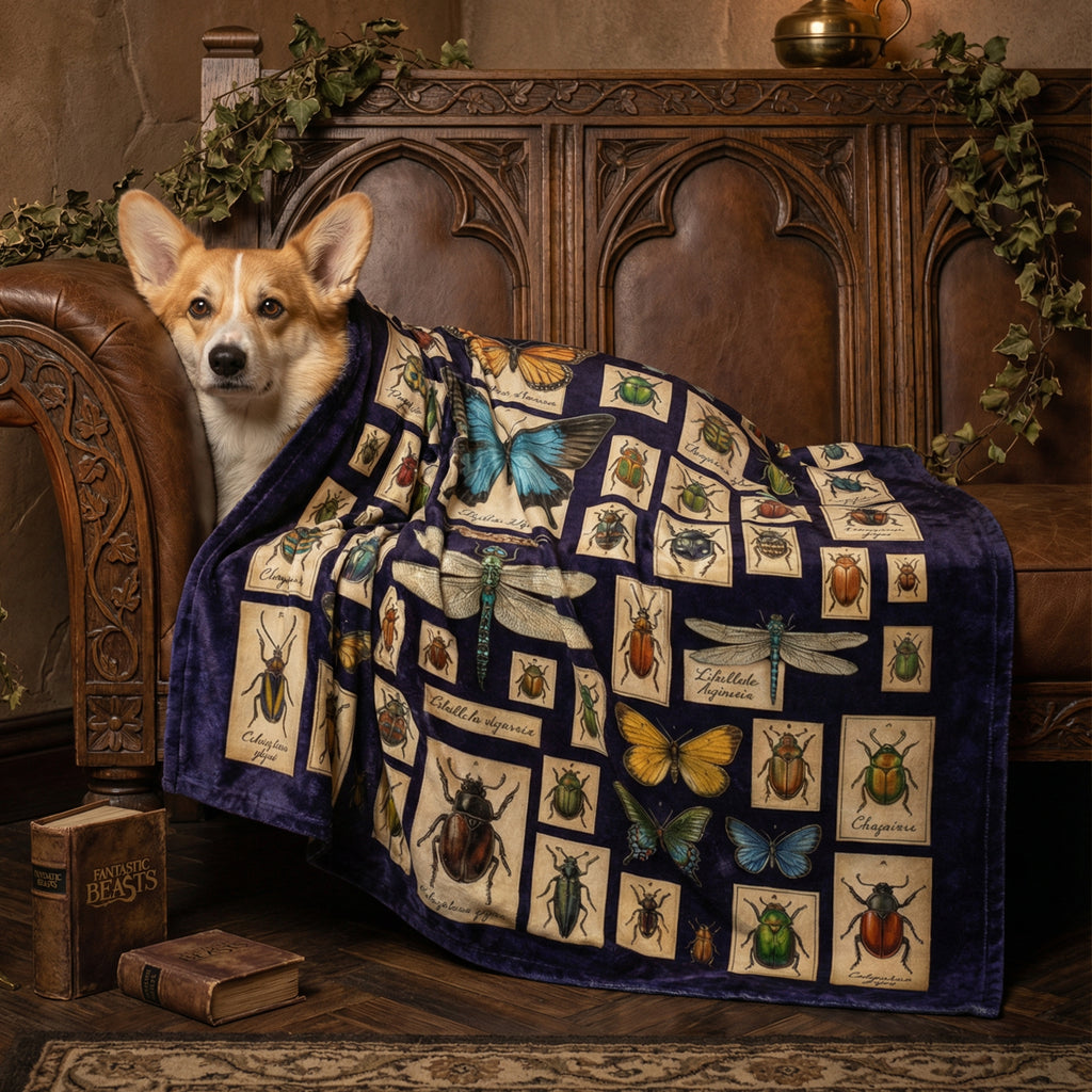 Dark Academia "The Entomologist" Throw - Vintage Insect Specimens, Beetle & Butterfly Taxidermy Blanket