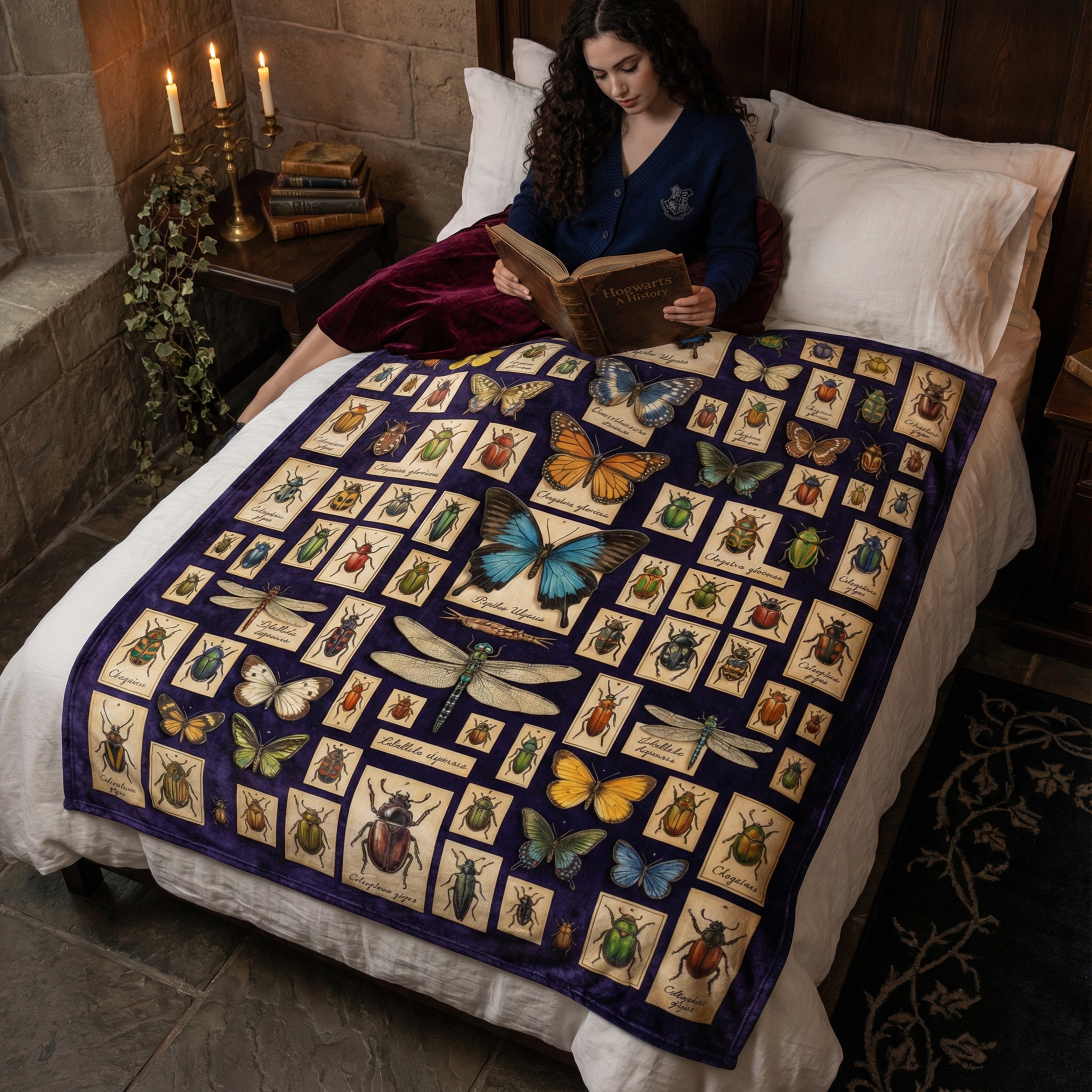 Dark Academia "The Entomologist" Throw - Vintage Insect Specimens, Beetle & Butterfly Taxidermy Blanket