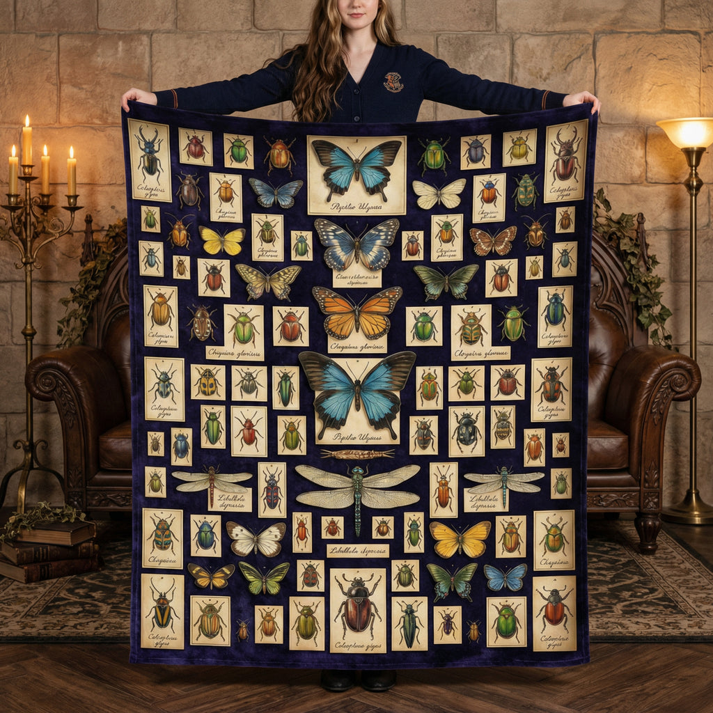 Dark Academia "The Entomologist" Throw - Vintage Insect Specimens, Beetle & Butterfly Taxidermy Blanket