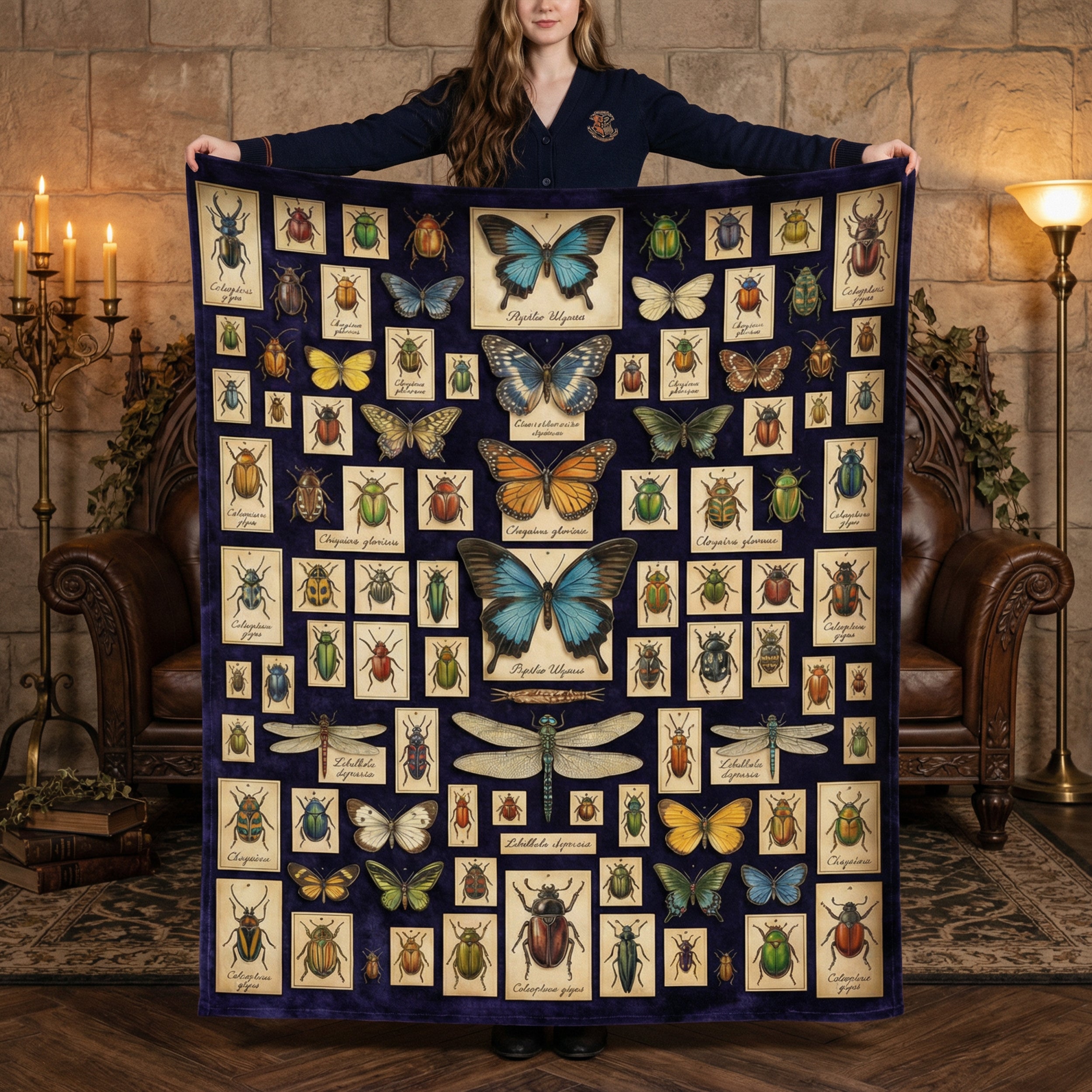 Dark Academia "The Entomologist" Throw - Vintage Insect Specimens, Beetle & Butterfly Taxidermy Blanket