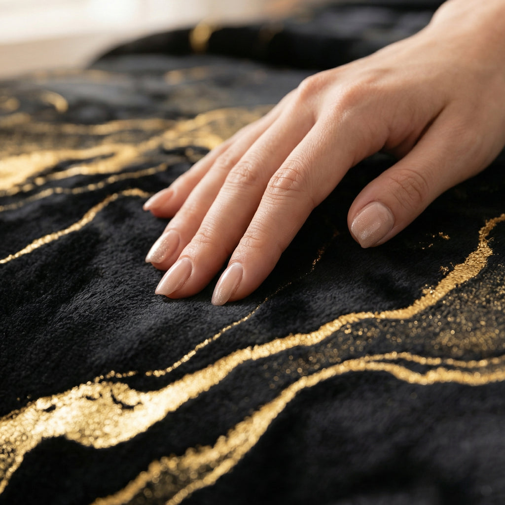 Dark Luxury "Liquid Gold" Throw - Black Marble & Gold Alcohol Ink Abstract Velveteen Blanket