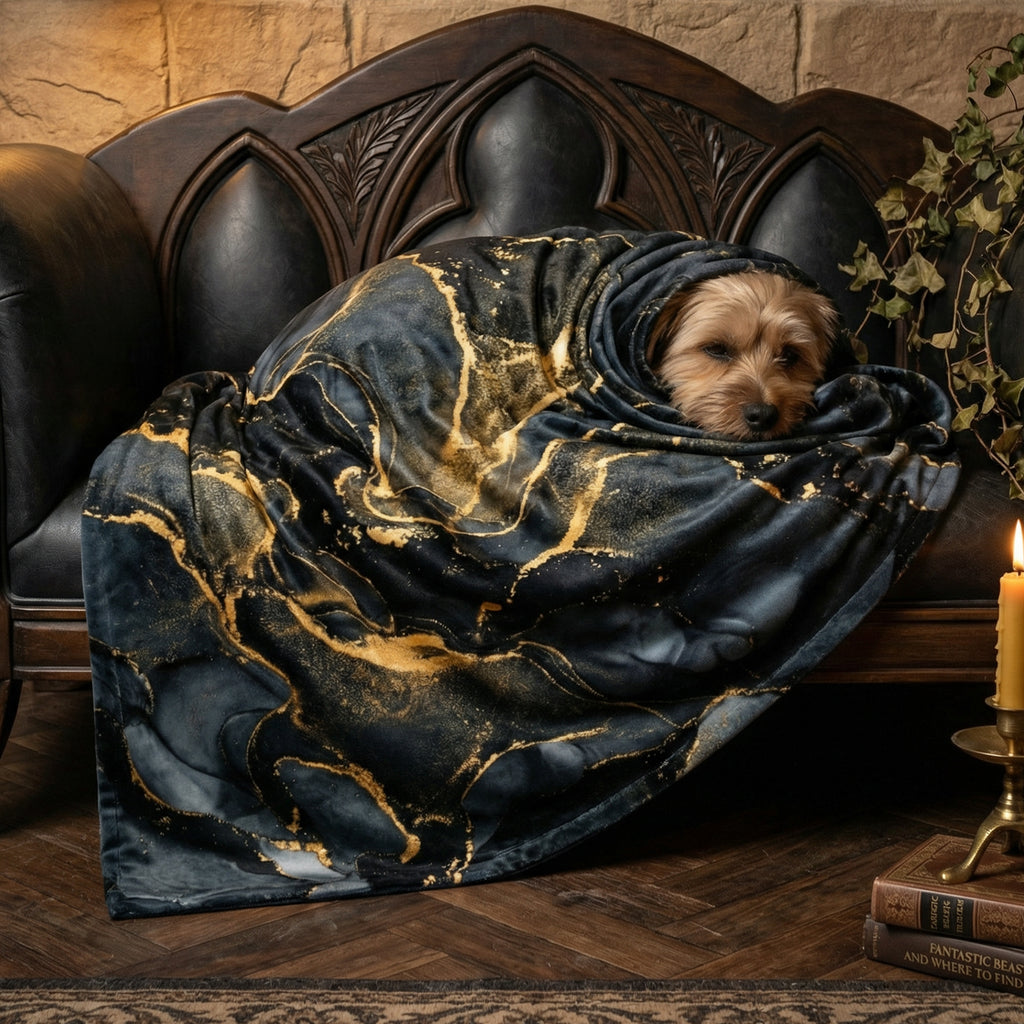 Dark Luxury "Liquid Gold" Throw - Black Marble & Gold Alcohol Ink Abstract Velveteen Blanket