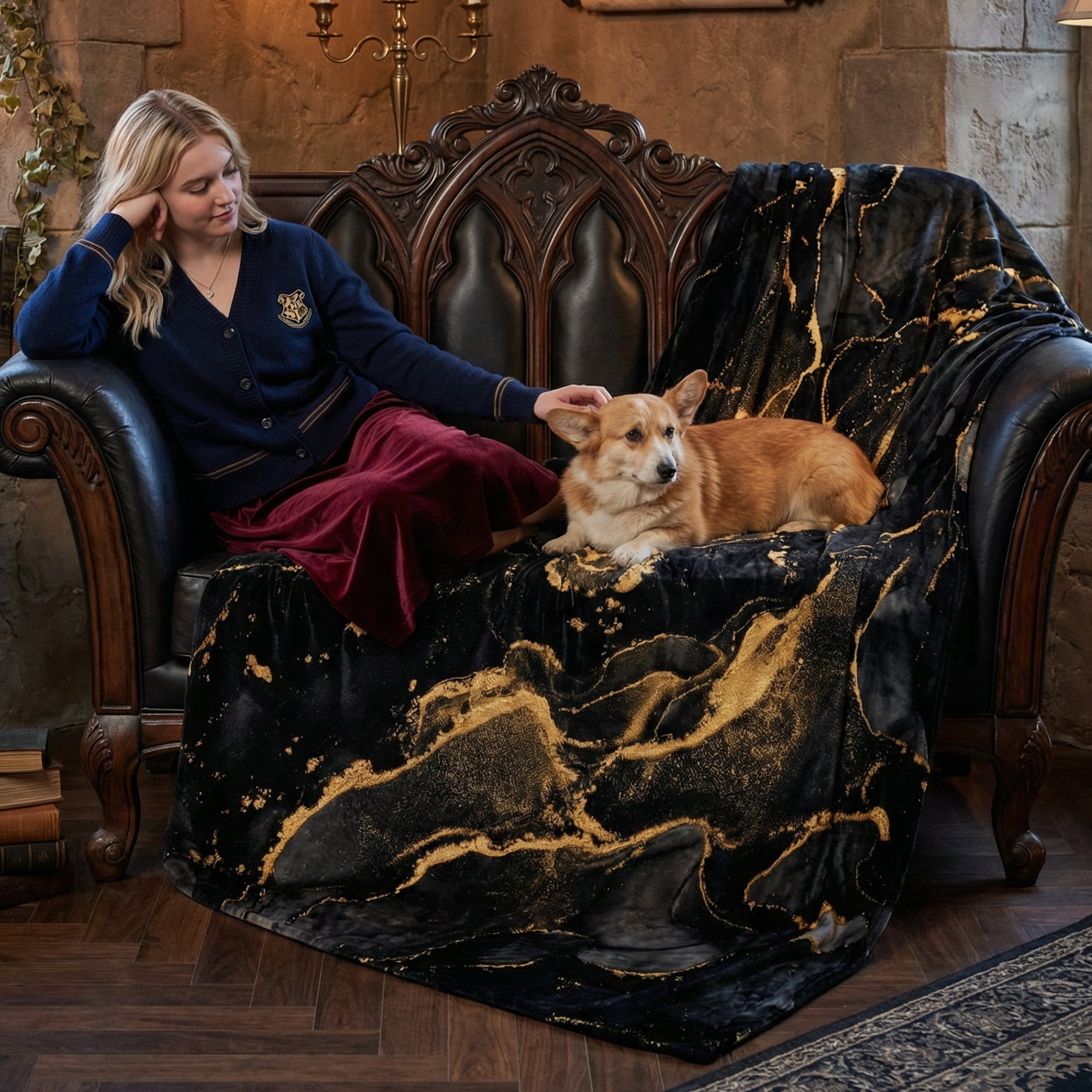 Dark Luxury "Liquid Gold" Throw - Black Marble & Gold Alcohol Ink Abstract Velveteen Blanket