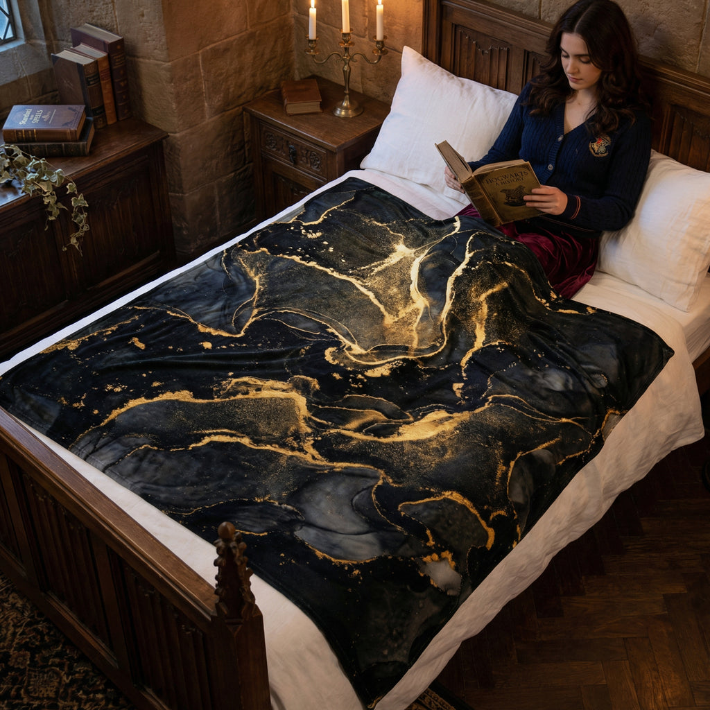 Dark Luxury "Liquid Gold" Throw - Black Marble & Gold Alcohol Ink Abstract Velveteen Blanket