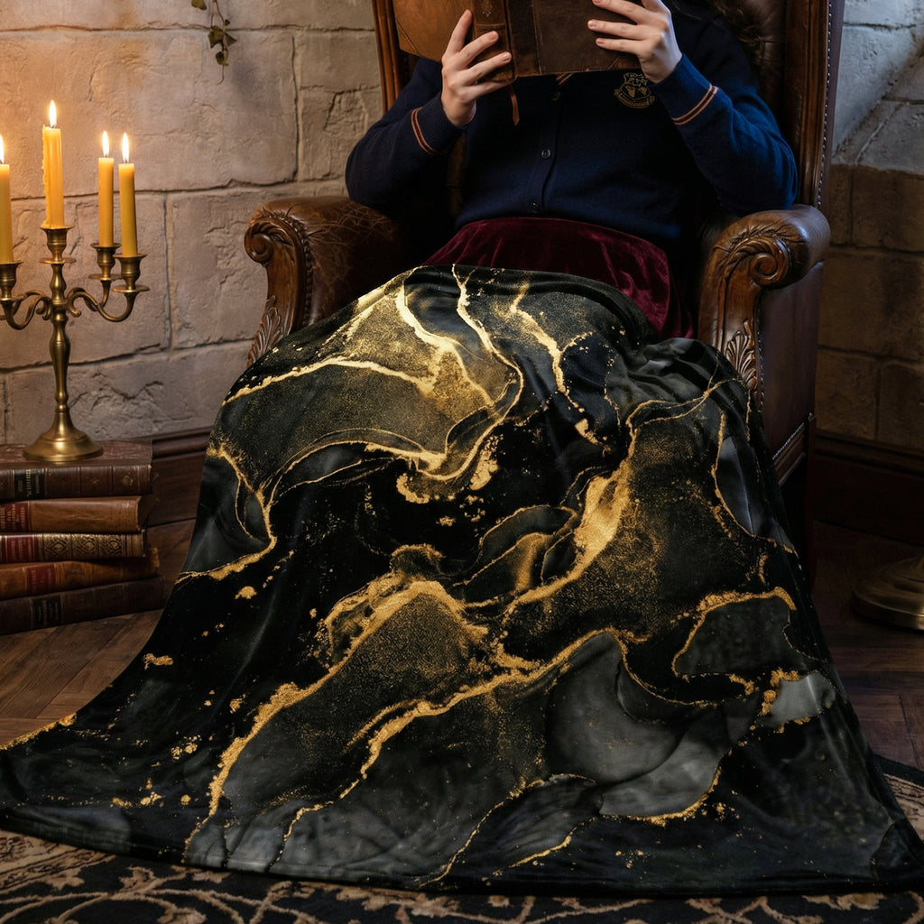 Dark Luxury "Liquid Gold" Throw - Black Marble & Gold Alcohol Ink Abstract Velveteen Blanket