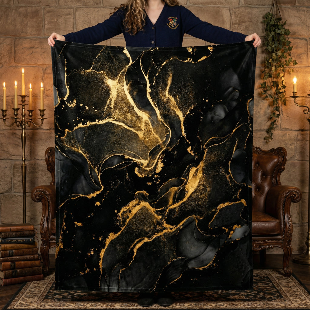 Dark Luxury "Liquid Gold" Throw - Black Marble & Gold Alcohol Ink Abstract Velveteen Blanket