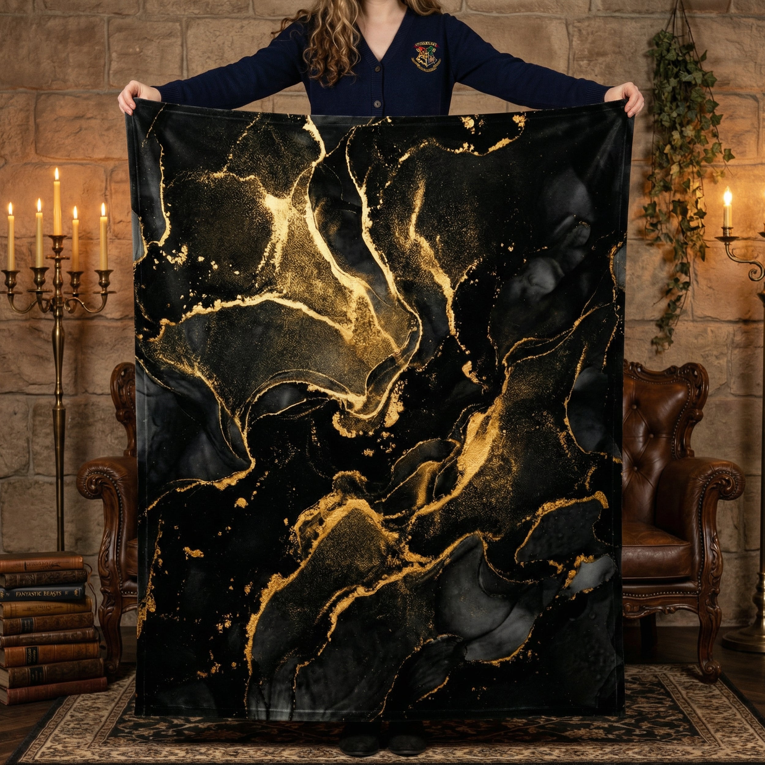 Dark Luxury "Liquid Gold" Throw - Black Marble & Gold Alcohol Ink Abstract Velveteen Blanket