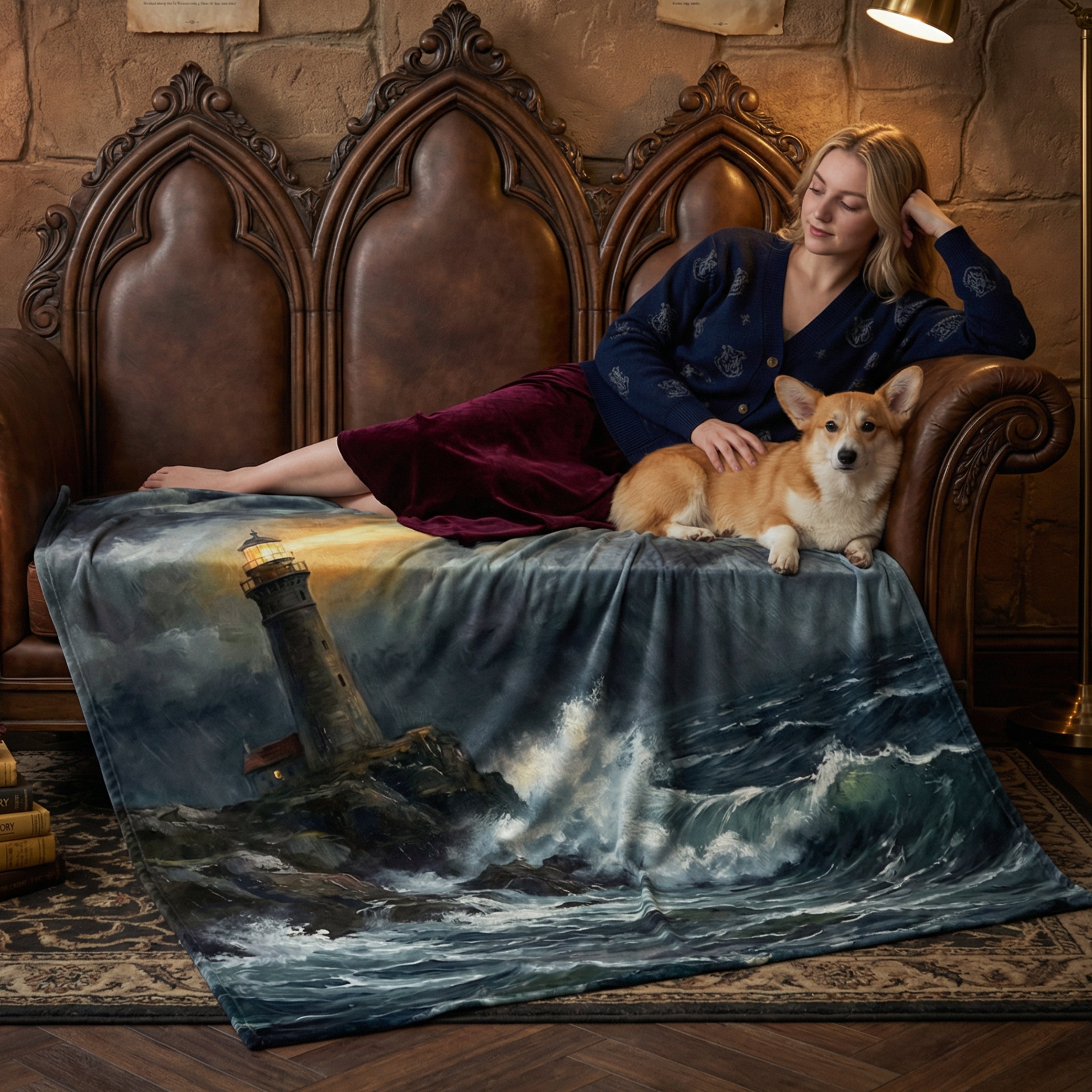 Dark Academia "The Storm Watcher" Throw - Moody Lighthouse, Raging Sea & Oil Painting Art Blanket