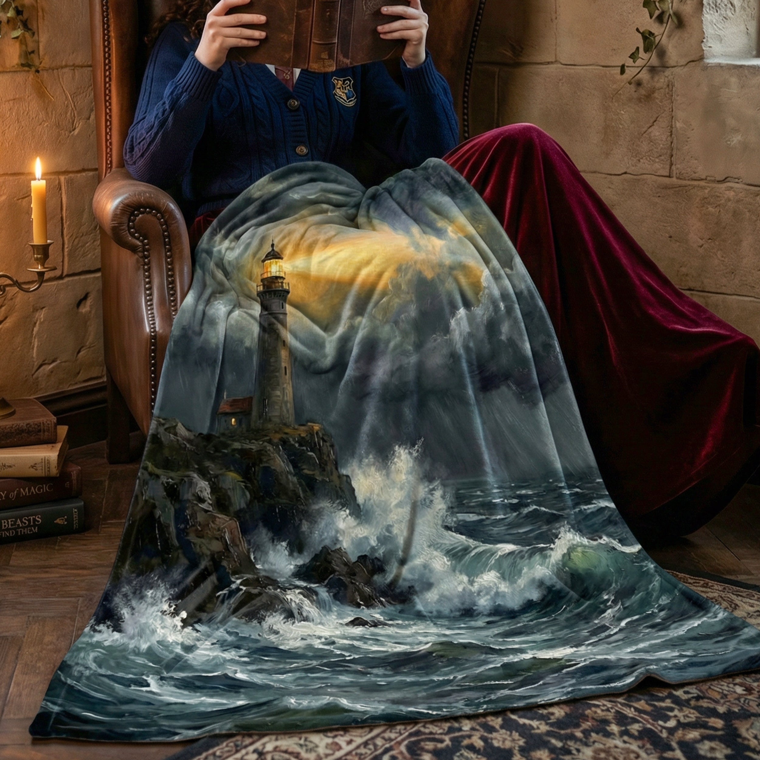 Dark Academia "The Storm Watcher" Throw - Moody Lighthouse, Raging Sea & Oil Painting Art Blanket