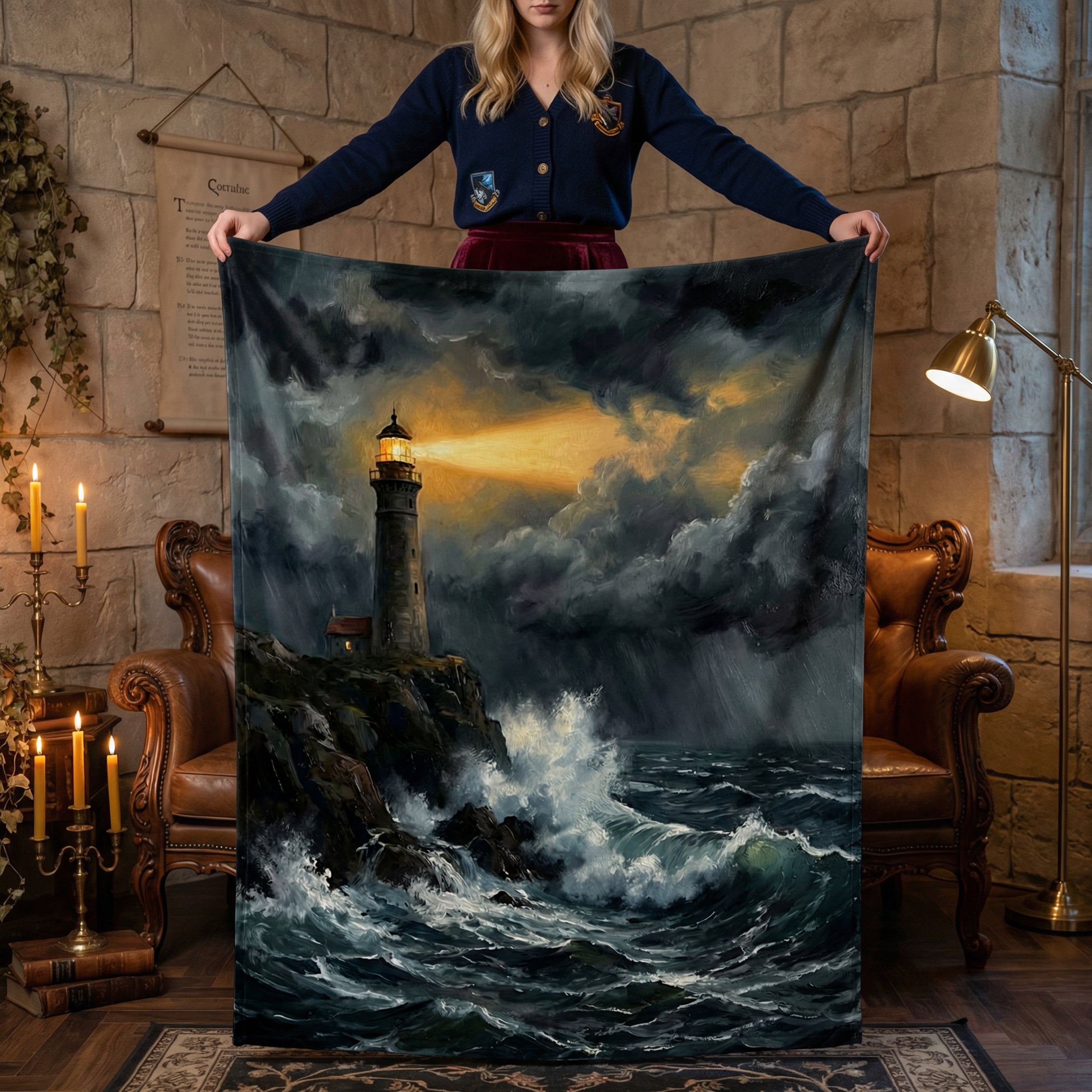 Dark Academia "The Storm Watcher" Throw - Moody Lighthouse, Raging Sea & Oil Painting Art Blanket