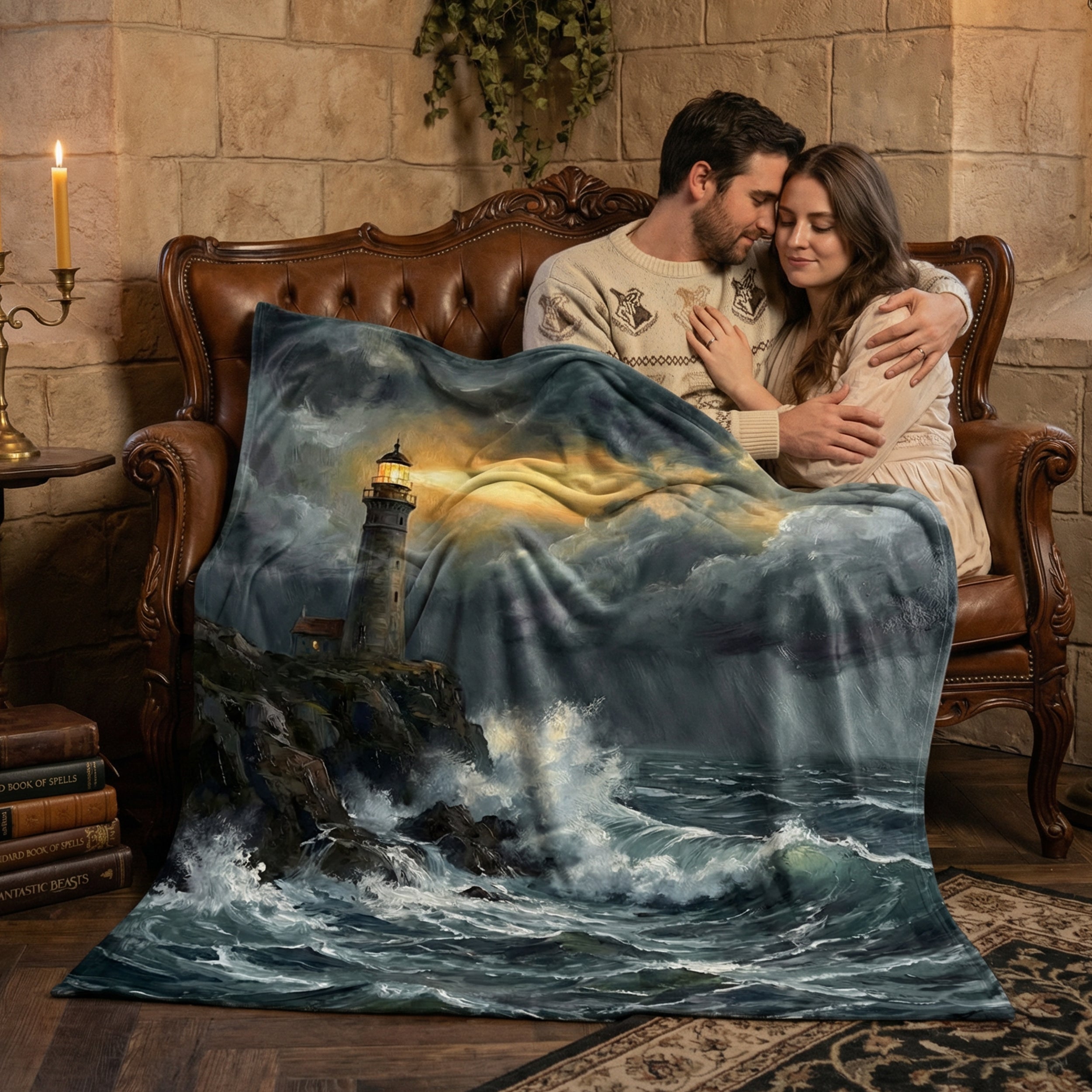 Dark Academia "The Storm Watcher" Throw - Moody Lighthouse, Raging Sea & Oil Painting Art Blanket