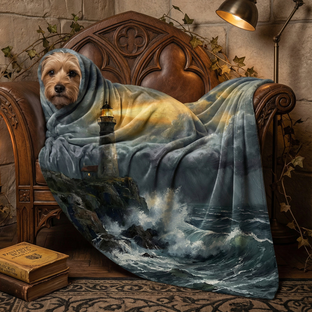 Dark Academia "The Storm Watcher" Throw - Moody Lighthouse, Raging Sea & Oil Painting Art Blanket