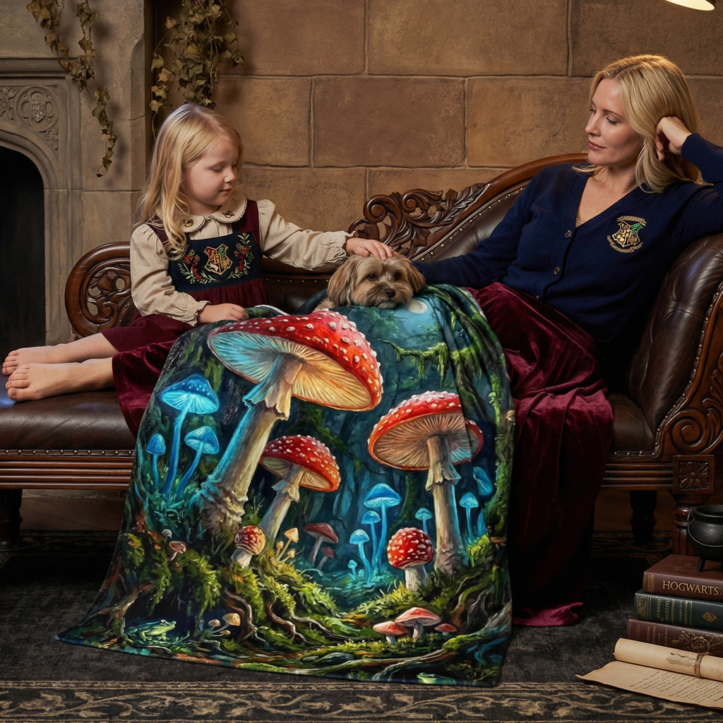 Goblincore "Magic Mycology" Throw - Glowing Mushrooms, Frogs & Moonlight Forest Blanket