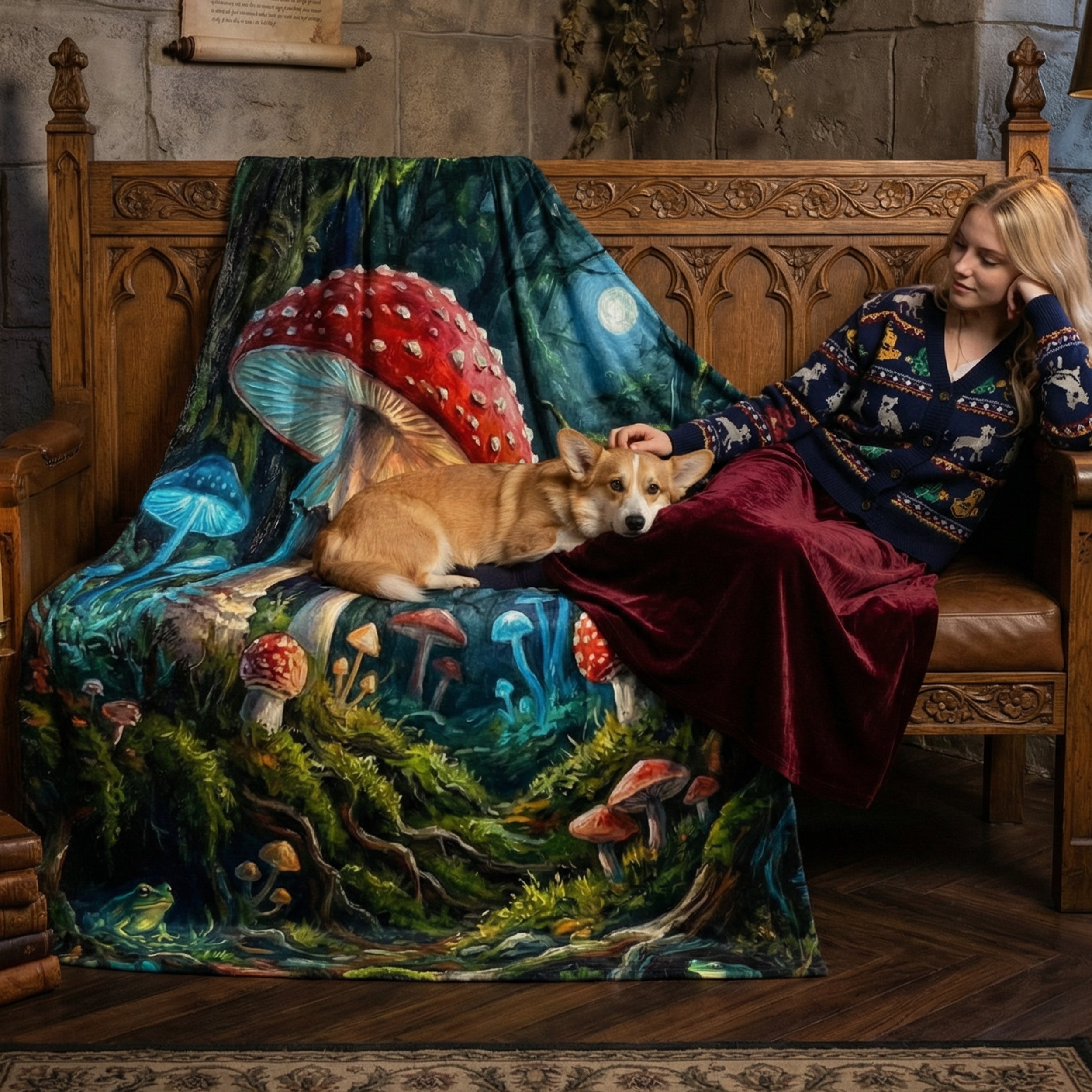 Goblincore "Magic Mycology" Throw - Glowing Mushrooms, Frogs & Moonlight Forest Blanket