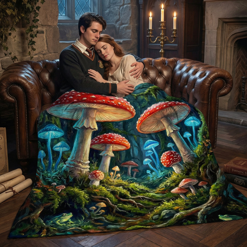 Goblincore "Magic Mycology" Throw - Glowing Mushrooms, Frogs & Moonlight Forest Blanket