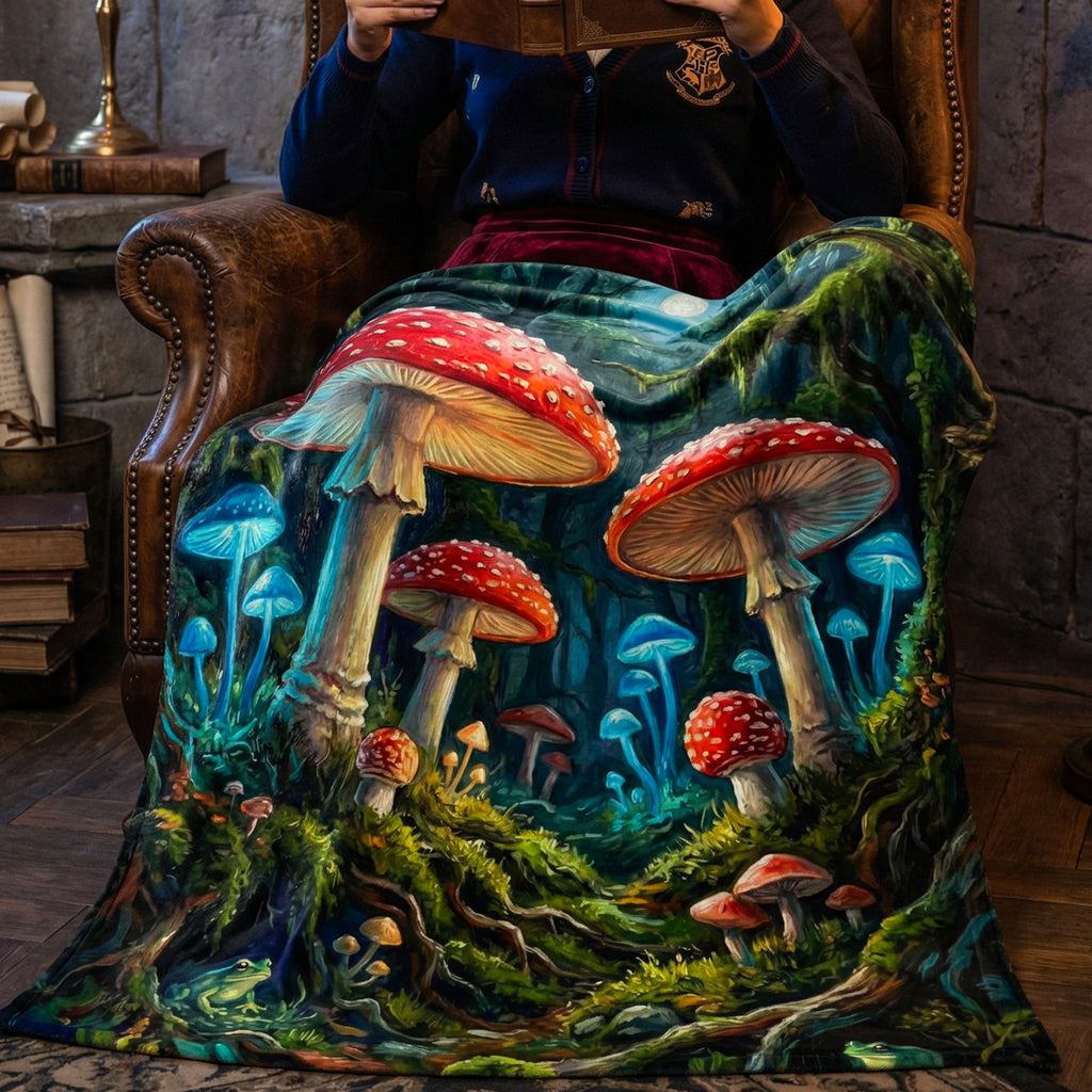 Goblincore "Magic Mycology" Throw - Glowing Mushrooms, Frogs & Moonlight Forest Blanket