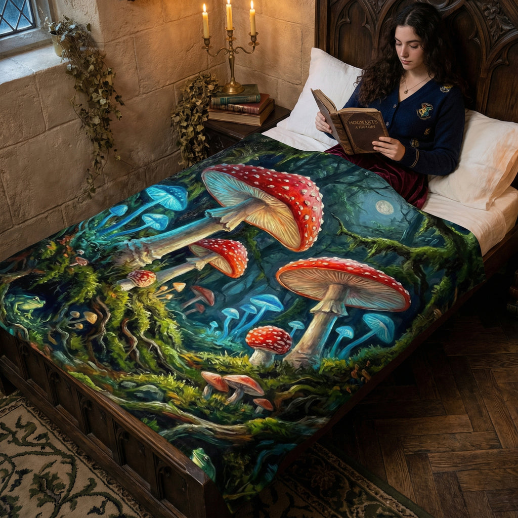 Goblincore "Magic Mycology" Throw - Glowing Mushrooms, Frogs & Moonlight Forest Blanket