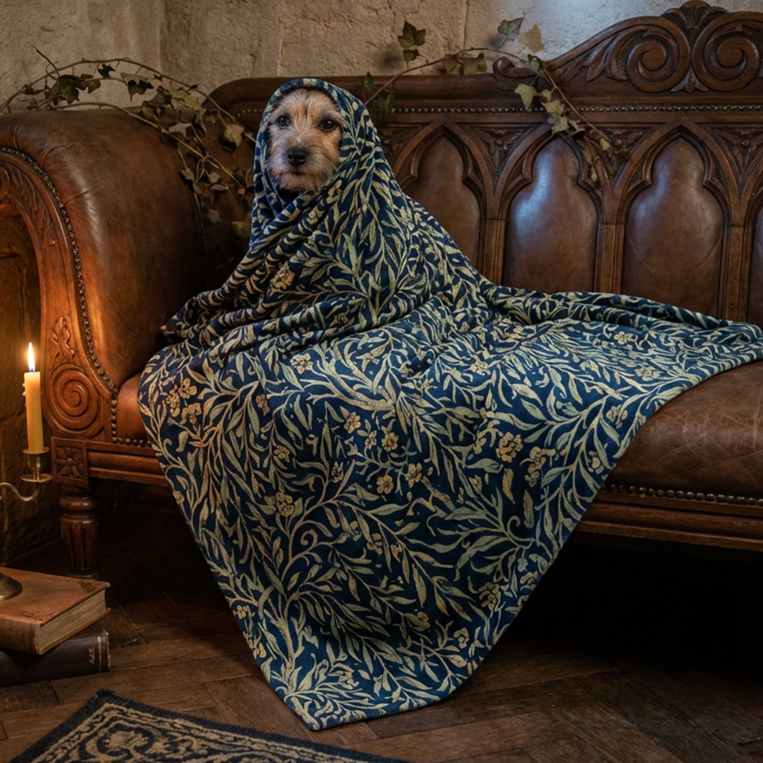 Dark Academia "Midnight Willow" Throw - William Morris Style Navy & Gold Botanical Blanket