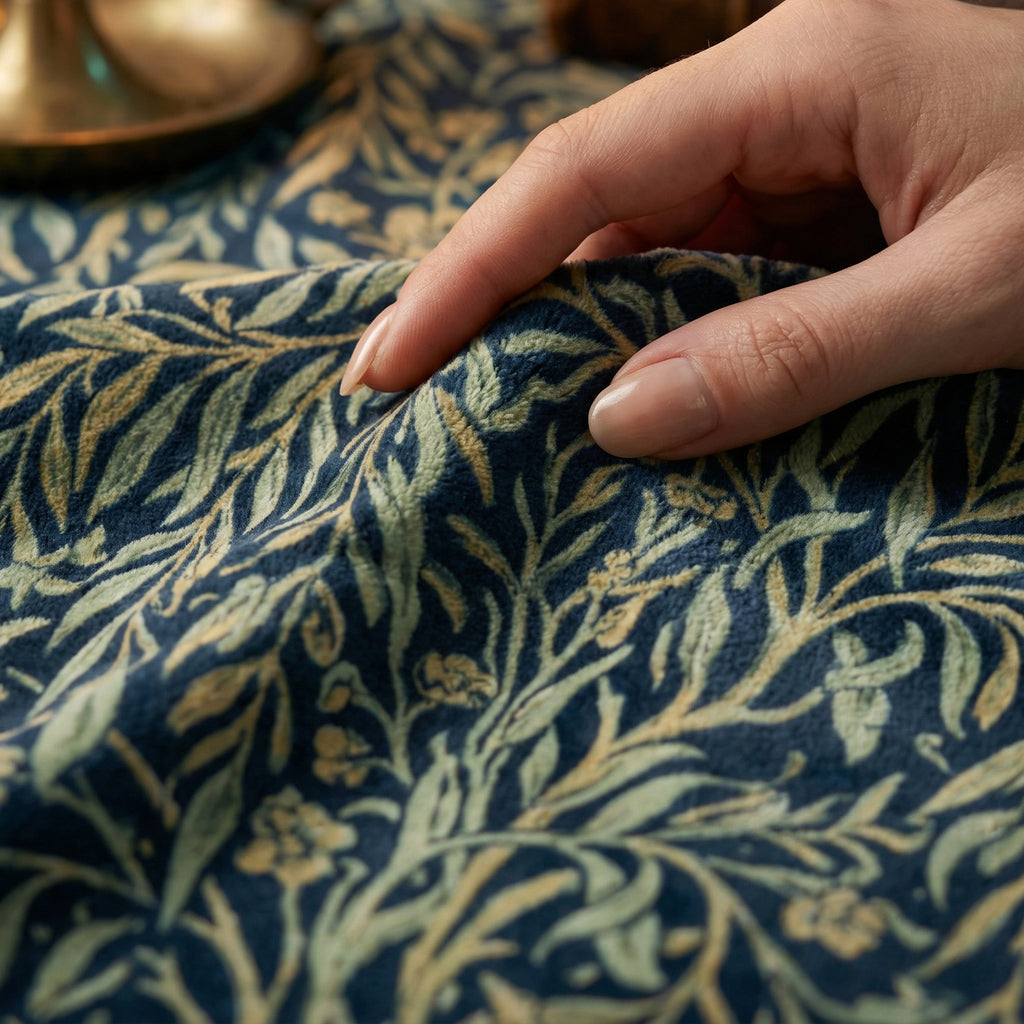 Dark Academia "Midnight Willow" Throw - William Morris Style Navy & Gold Botanical Blanket