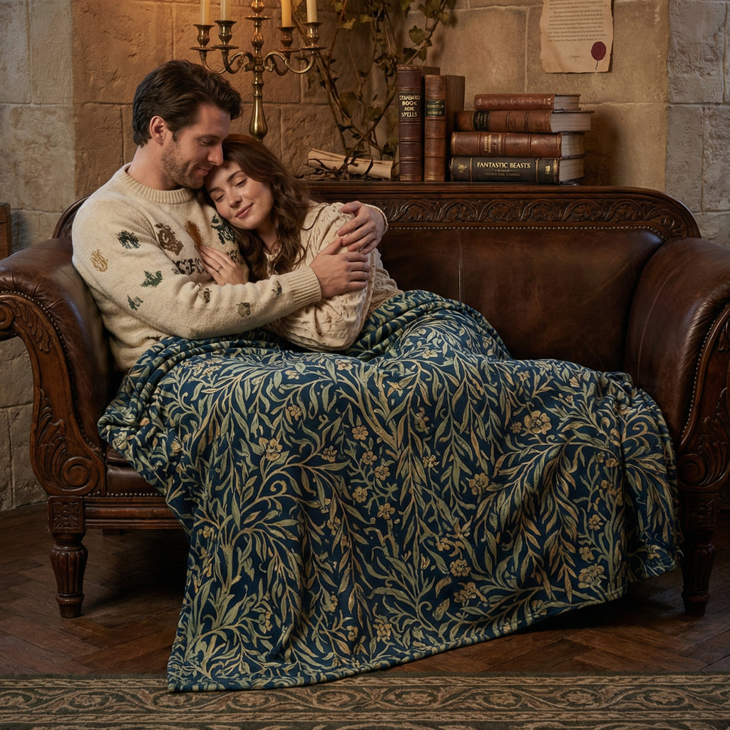 Dark Academia "Midnight Willow" Throw - William Morris Style Navy & Gold Botanical Blanket