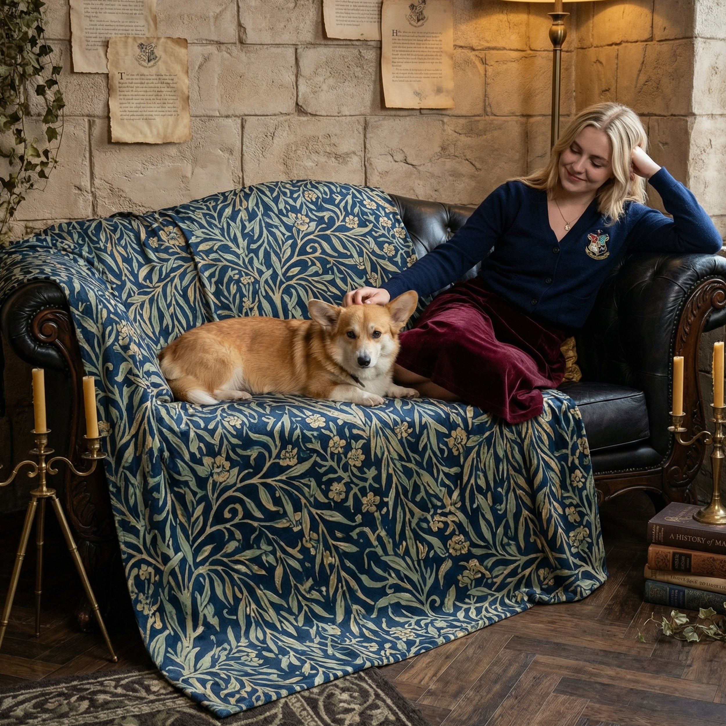 Dark Academia "Midnight Willow" Throw - William Morris Style Navy & Gold Botanical Blanket