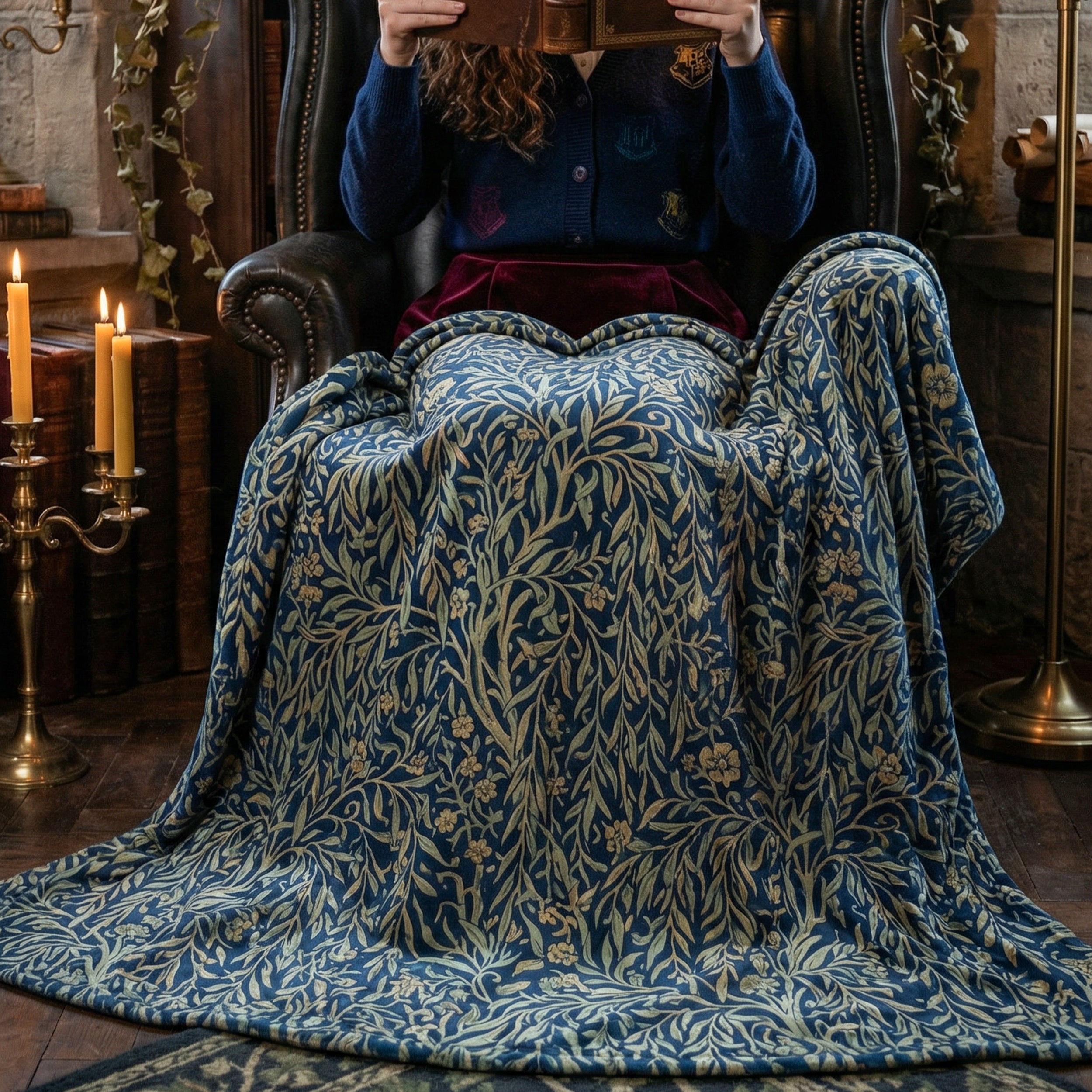 Dark Academia "Midnight Willow" Throw - William Morris Style Navy & Gold Botanical Blanket