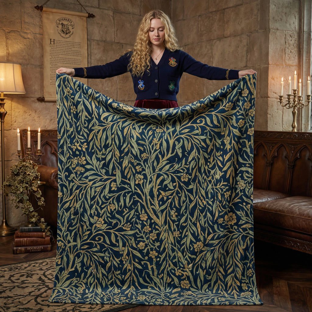 Dark Academia "Midnight Willow" Throw - William Morris Style Navy & Gold Botanical Blanket