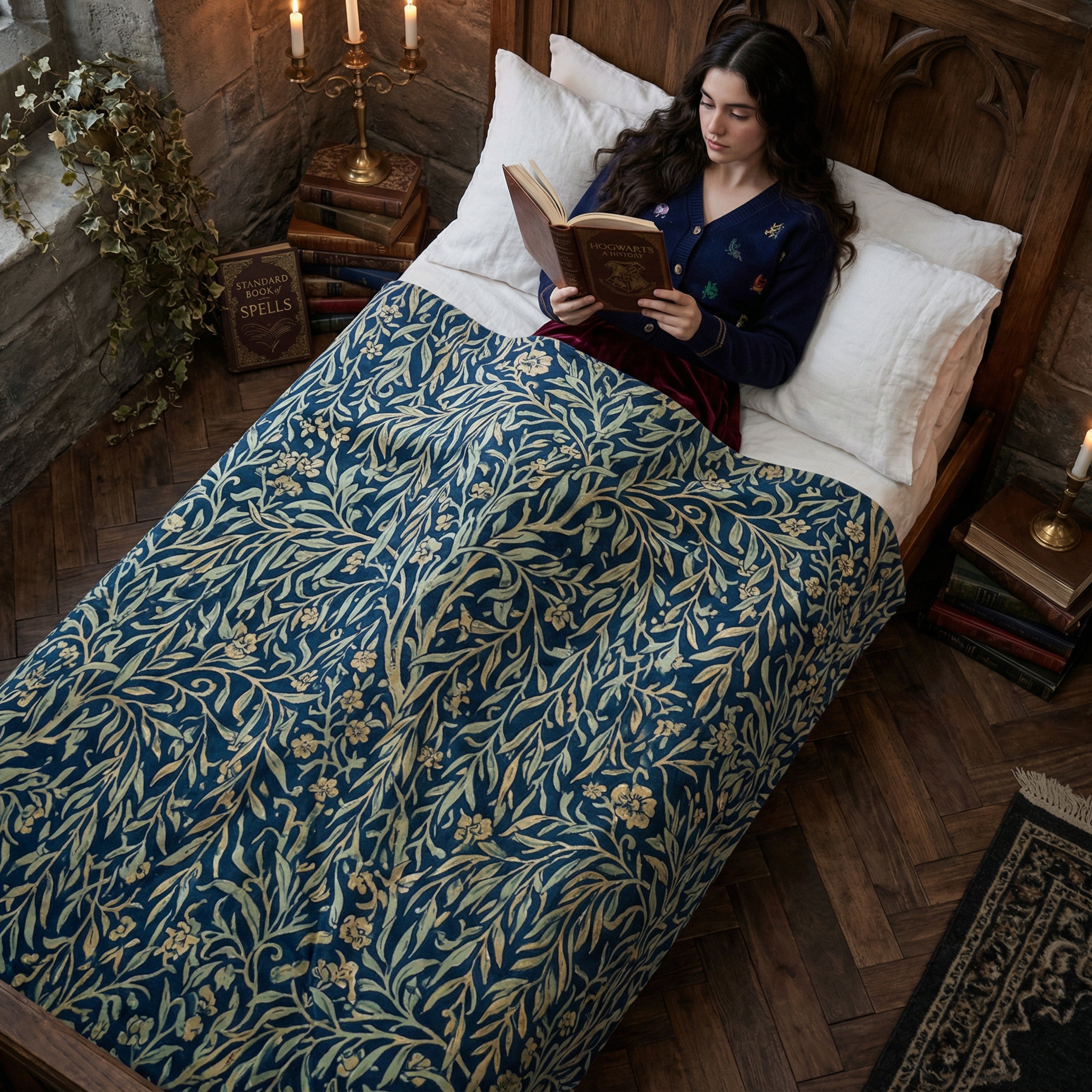 Dark Academia "Midnight Willow" Throw - William Morris Style Navy & Gold Botanical Blanket