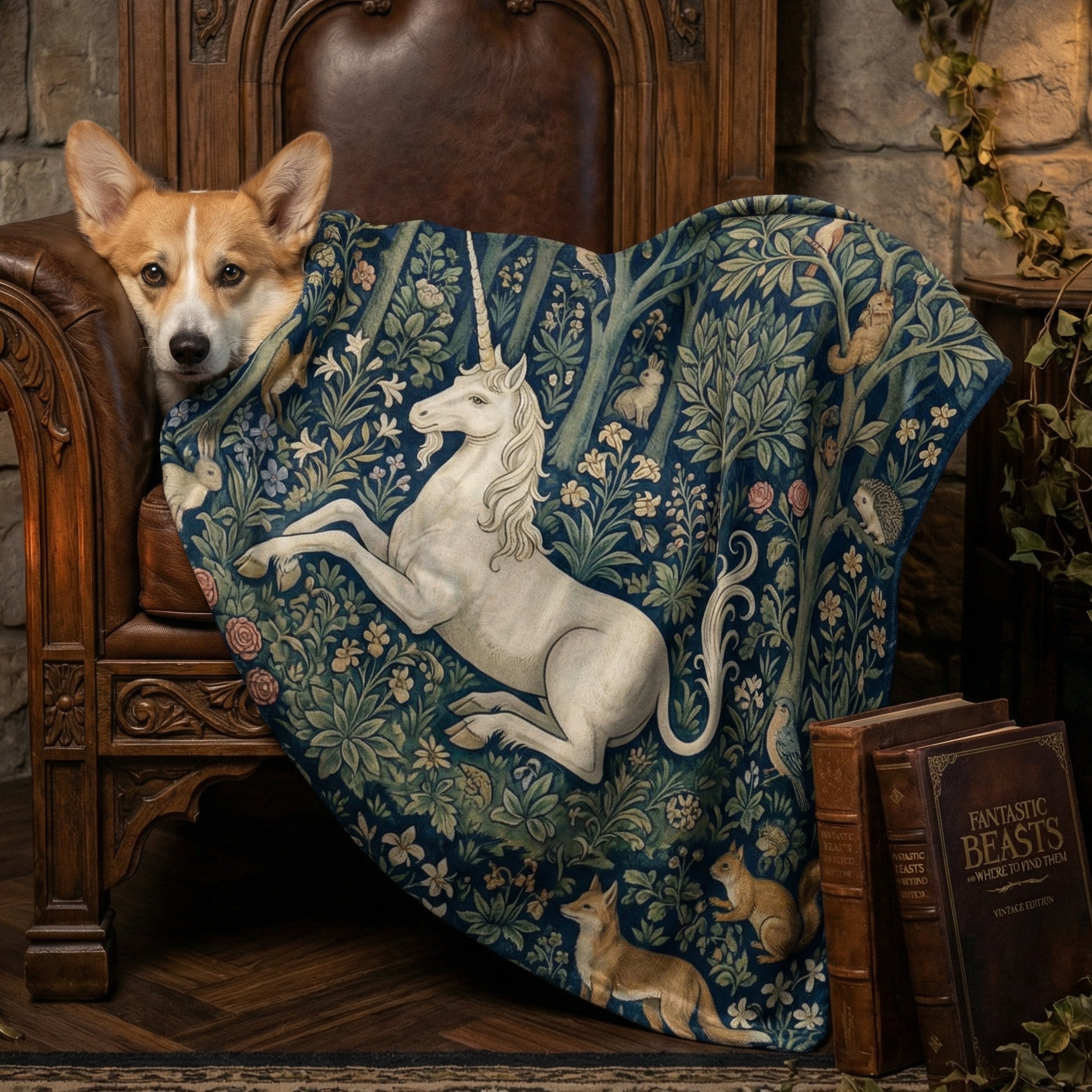 Medieval "The Unicorn's Rest" Throw - Millefleurs Tapestry Style & Forest Animals Blanket
