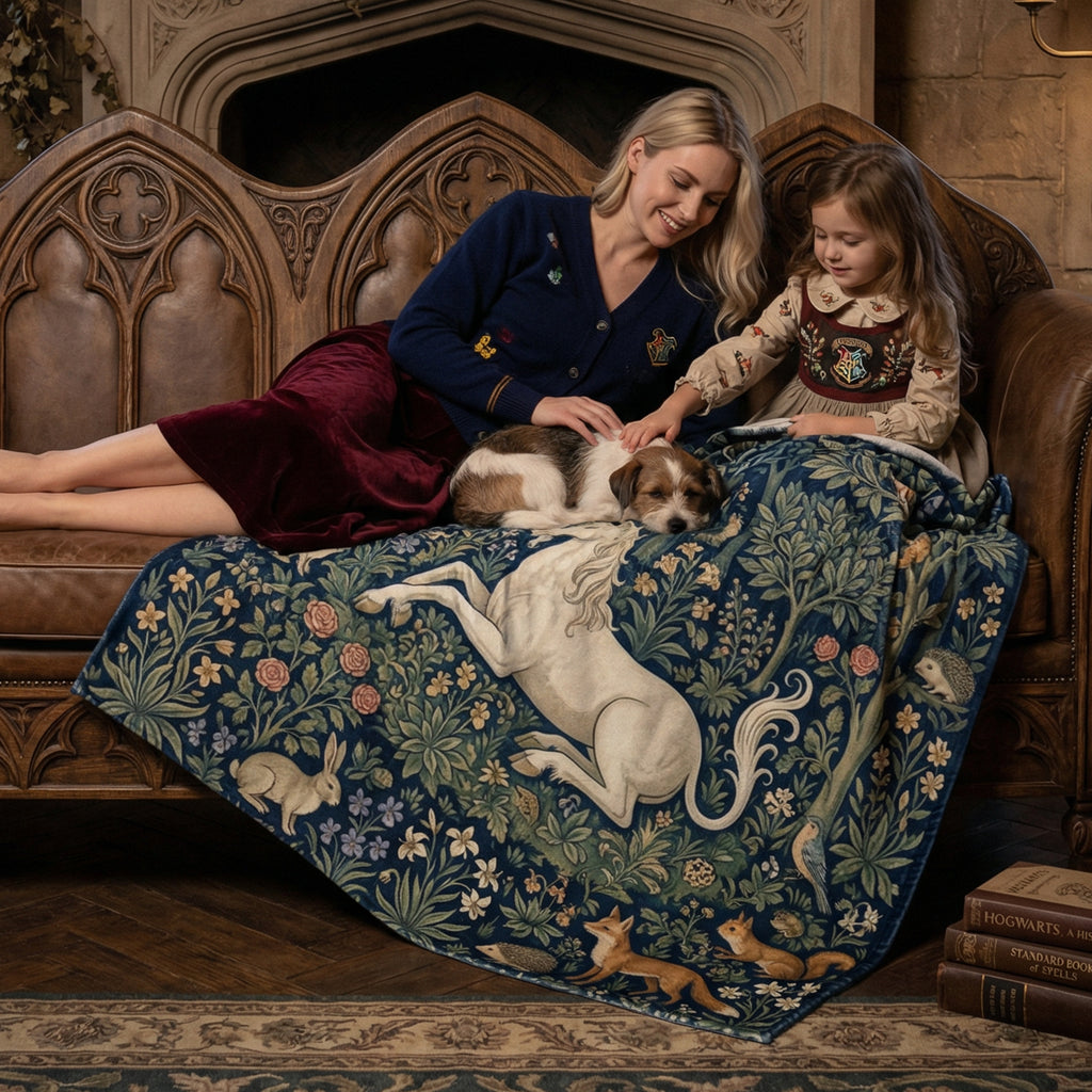 Medieval "The Unicorn's Rest" Throw - Millefleurs Tapestry Style & Forest Animals Blanket