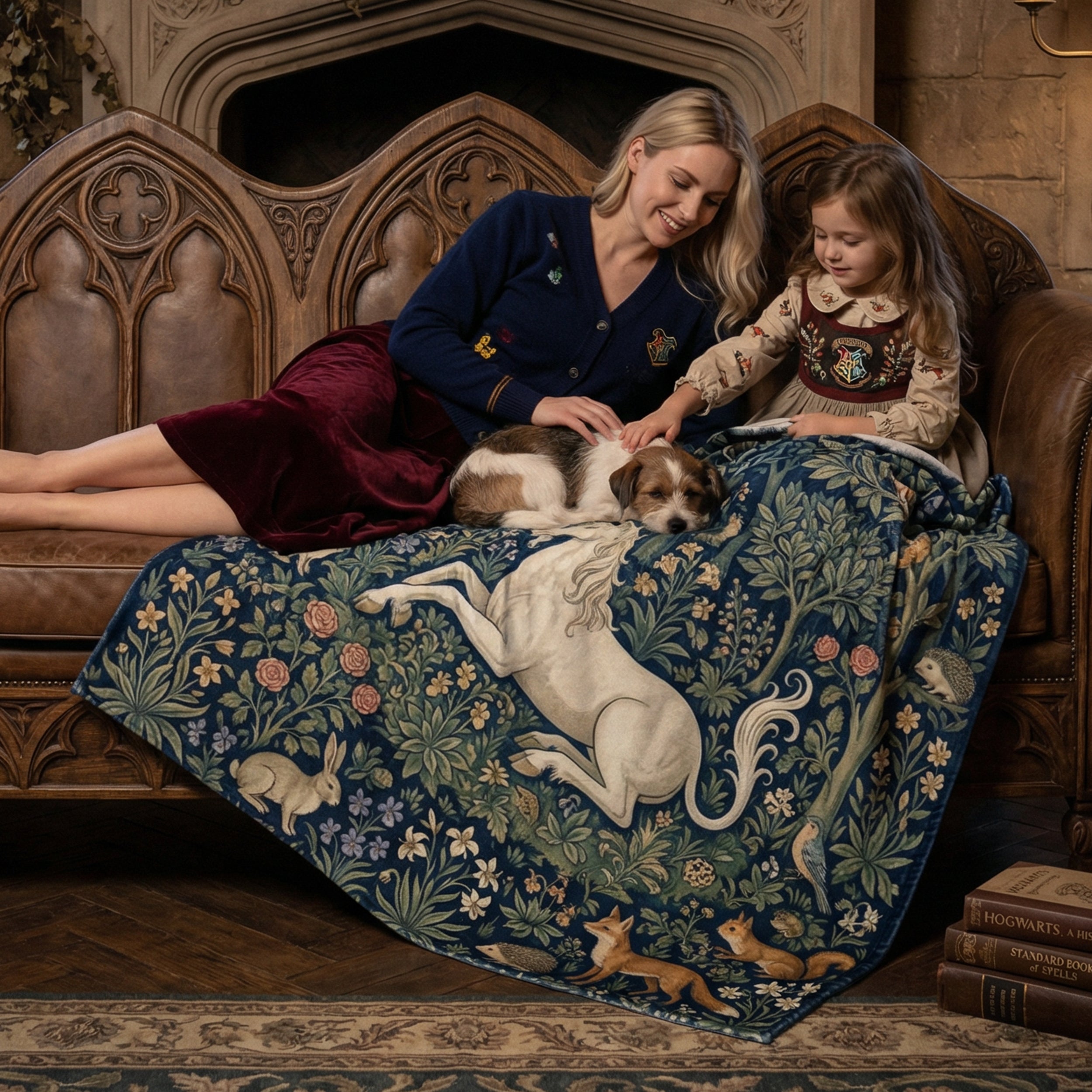 Medieval "The Unicorn's Rest" Throw - Millefleurs Tapestry Style & Forest Animals Blanket