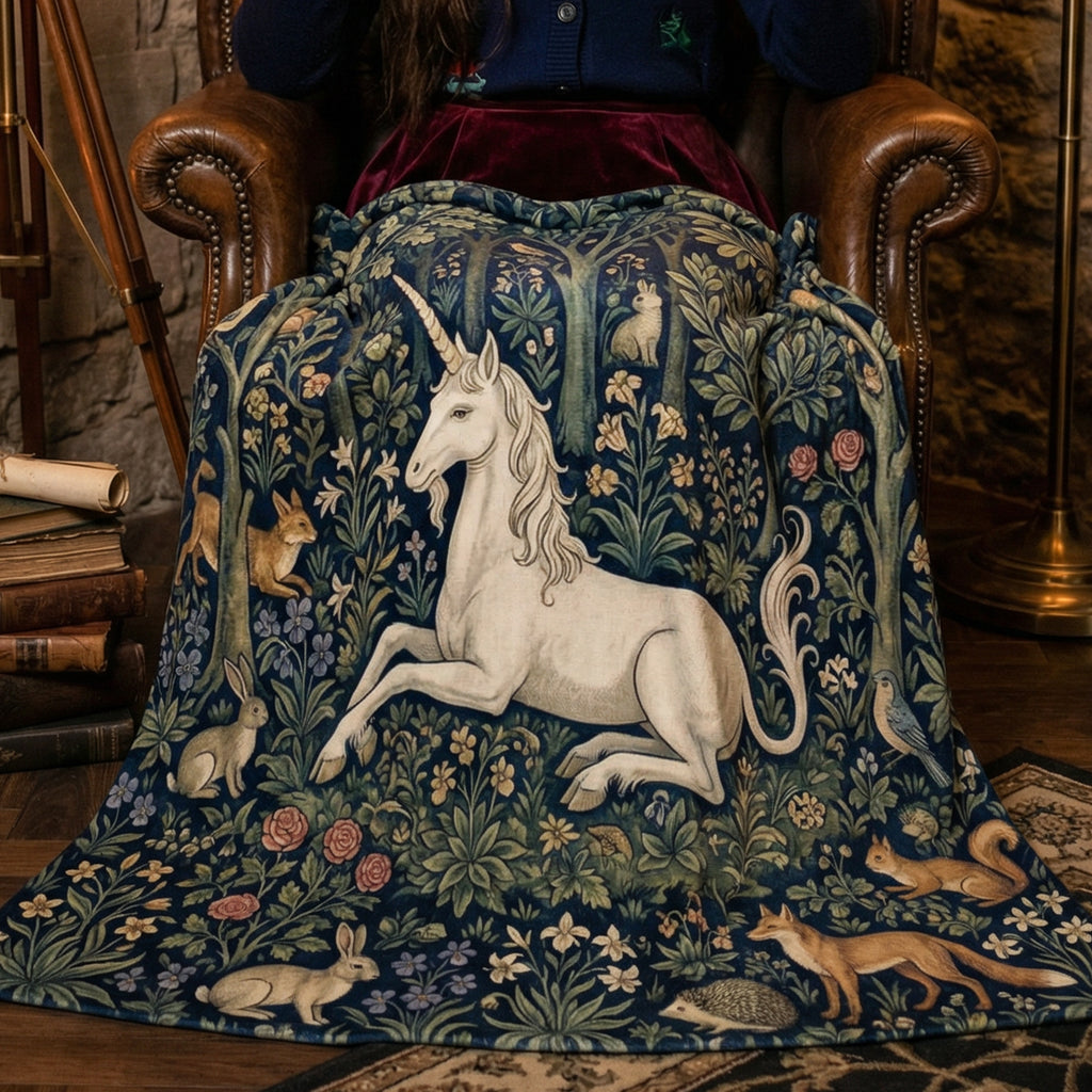 Medieval "The Unicorn's Rest" Throw - Millefleurs Tapestry Style & Forest Animals Blanket