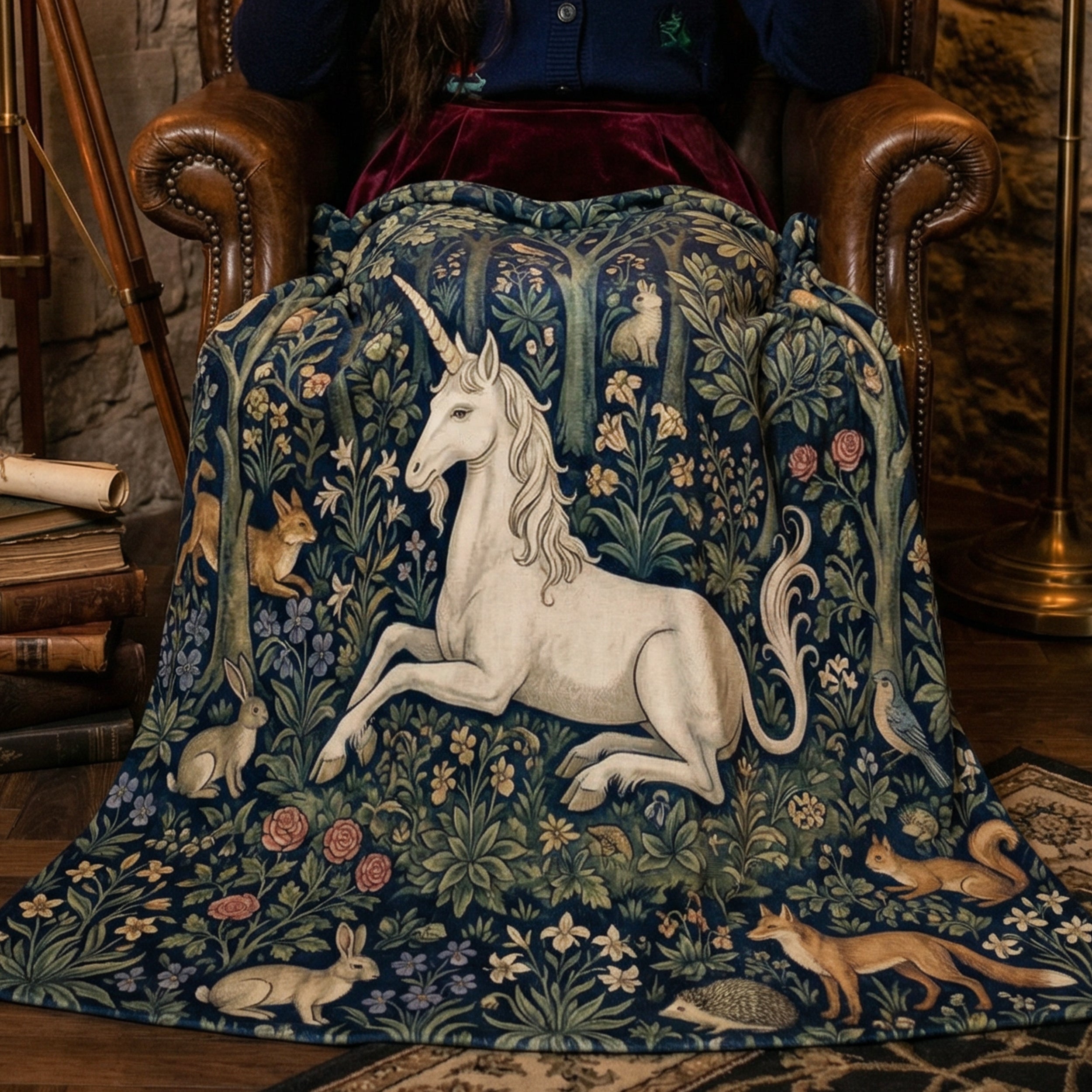 Medieval "The Unicorn's Rest" Throw - Millefleurs Tapestry Style & Forest Animals Blanket