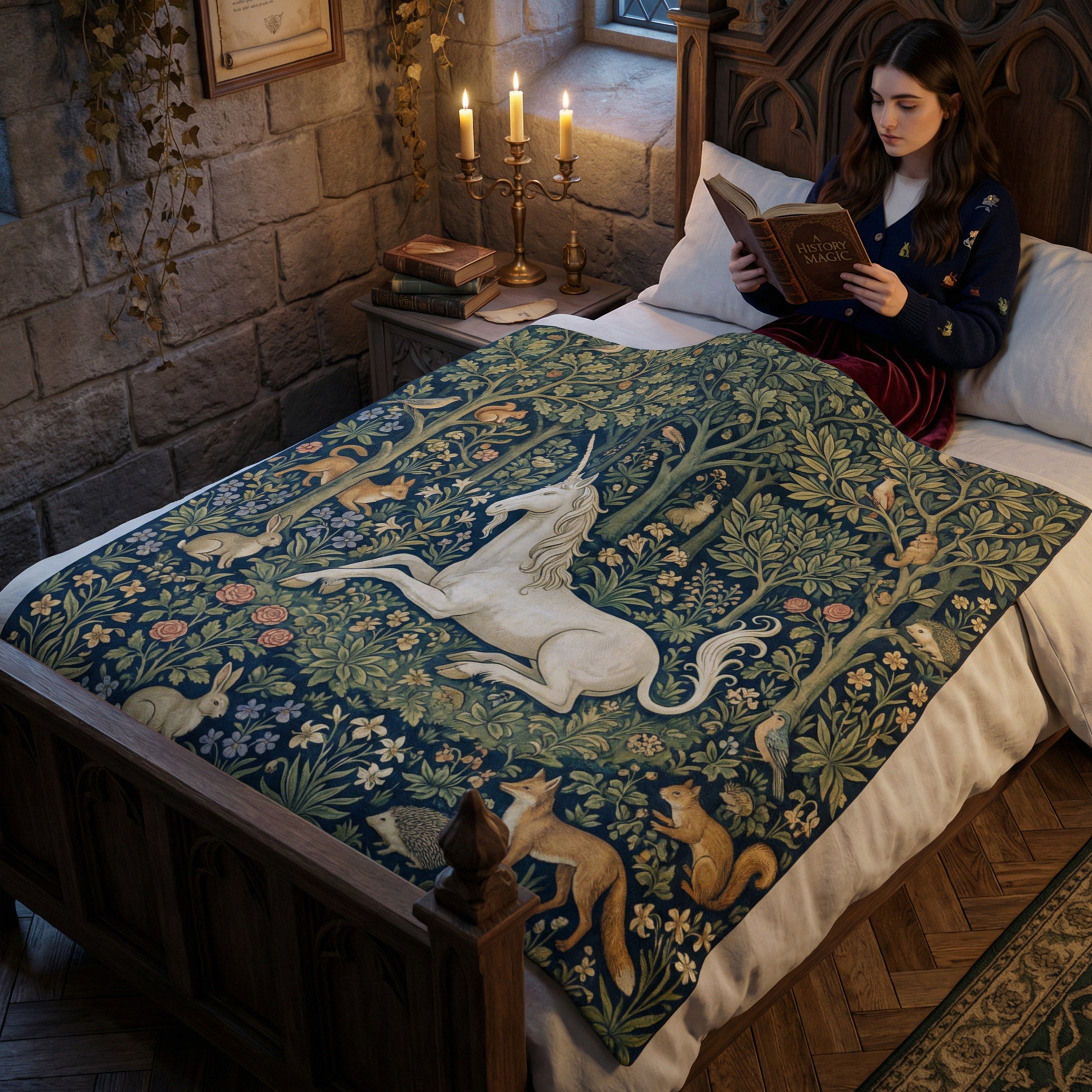 Medieval "The Unicorn's Rest" Throw - Millefleurs Tapestry Style & Forest Animals Blanket