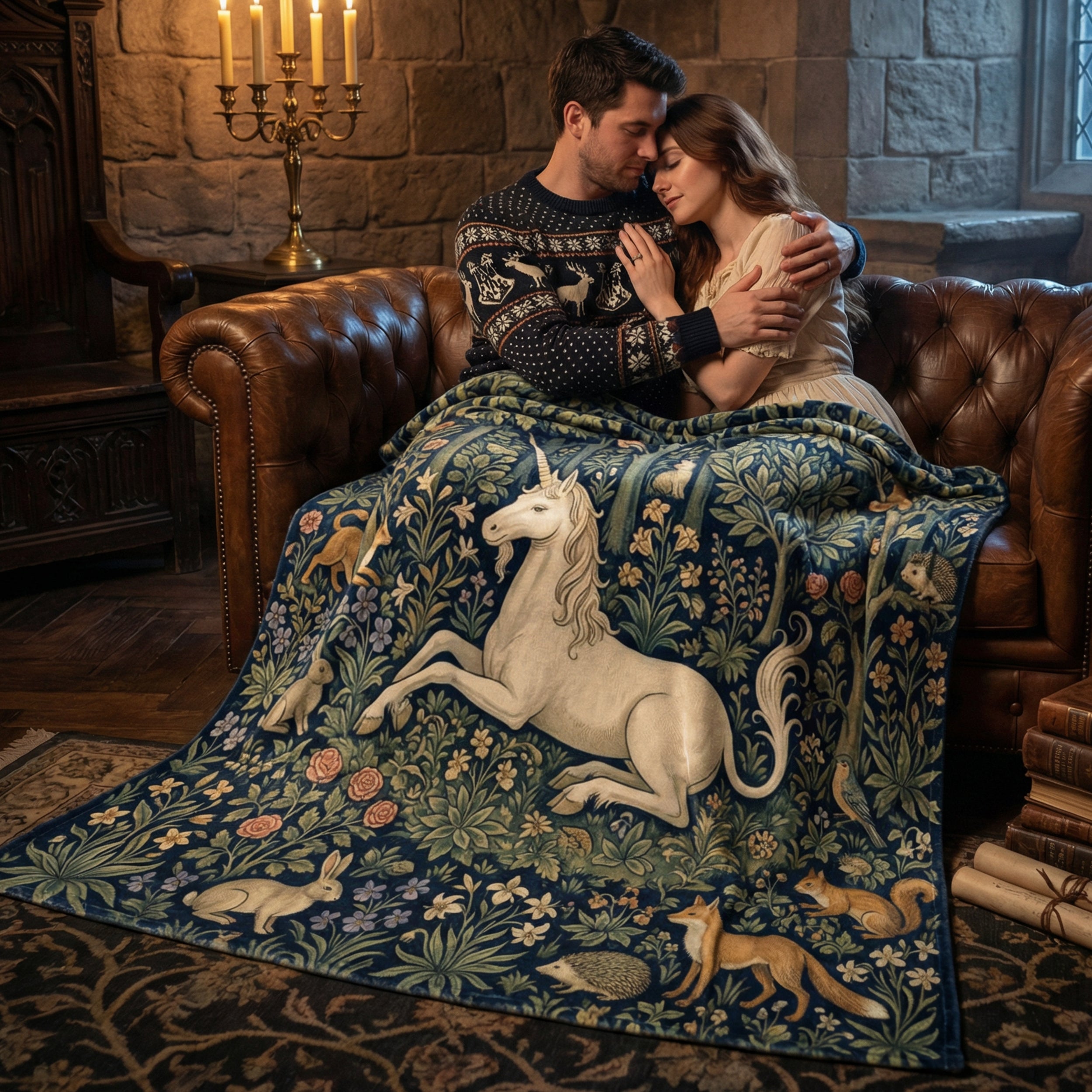Medieval "The Unicorn's Rest" Throw - Millefleurs Tapestry Style & Forest Animals Blanket