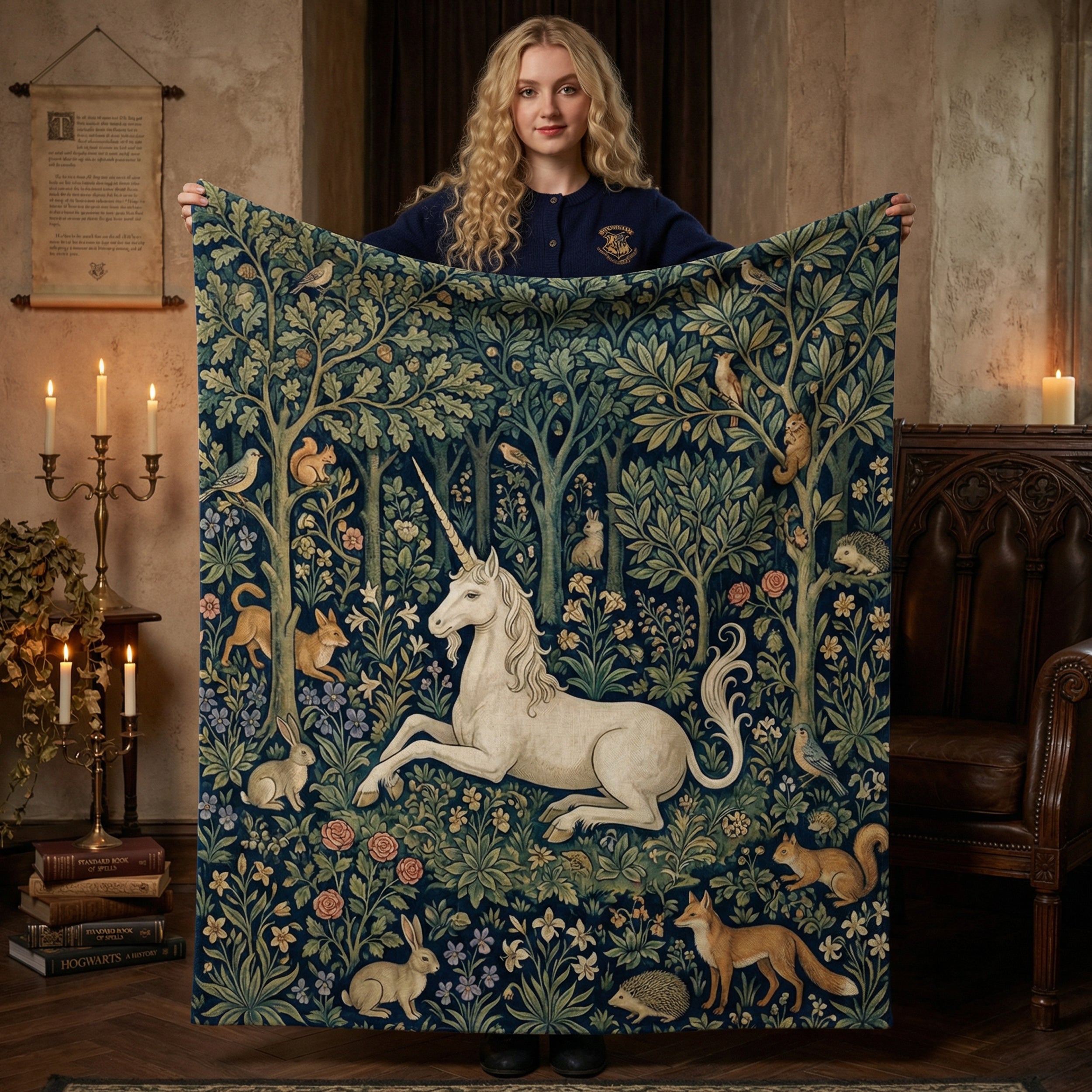 Medieval "The Unicorn's Rest" Throw - Millefleurs Tapestry Style & Forest Animals Blanket