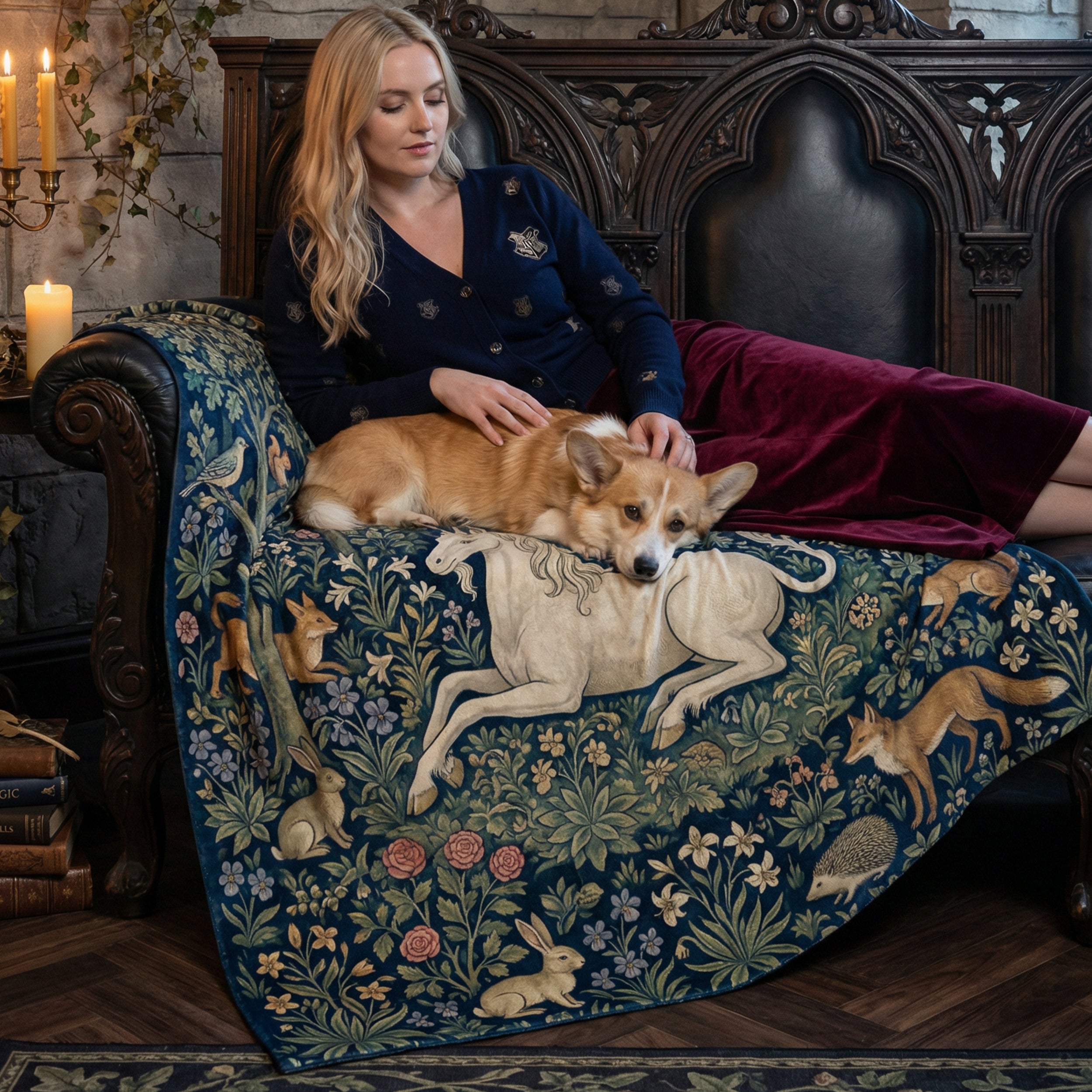 Medieval "The Unicorn's Rest" Throw - Millefleurs Tapestry Style & Forest Animals Blanket